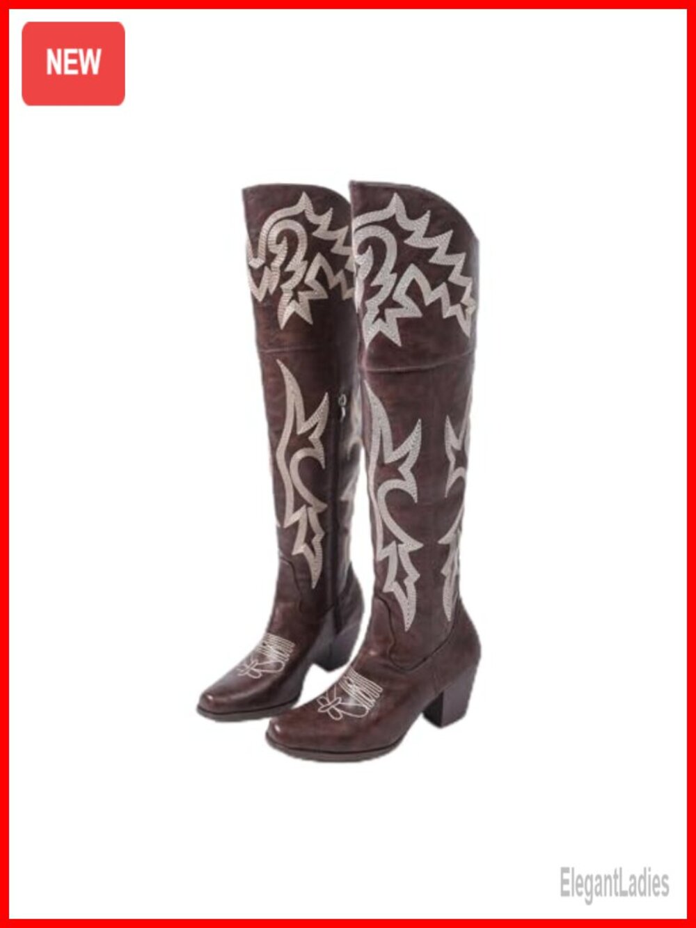 Over-the-Knee Western Boots Square Toe Faux Leather Embroidered Size